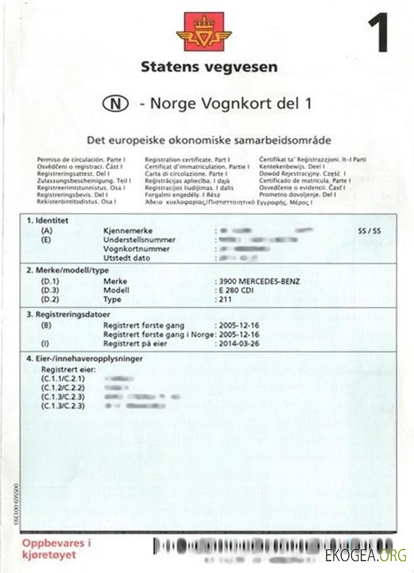 Certificat d'immatriculation du véhicule en Norvège